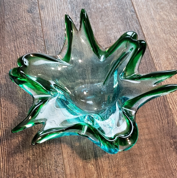 Vintage Handblown Green & Blue Glass Art Deco Mid-Century Modern Ashtray Bowl - Picture 7 of 12